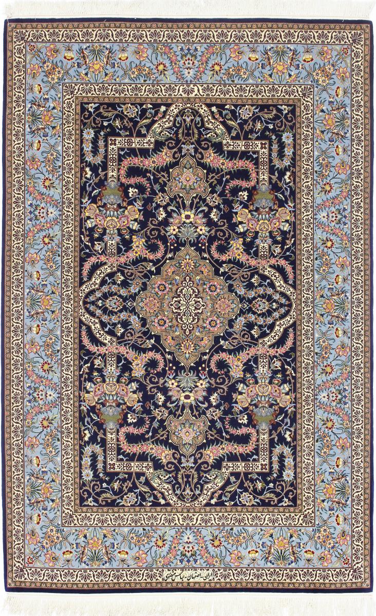 Tapete persa Isfahan Signed Fio de Seda 219x141 219x141, Tapete persa Atado à mão