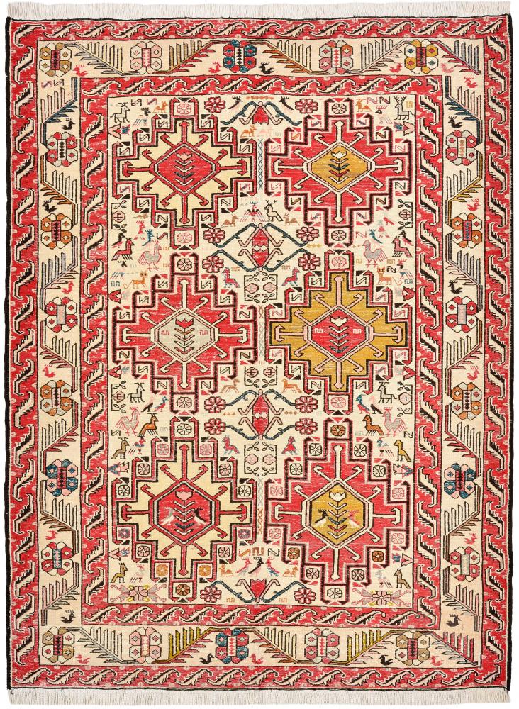 Tapete indiano Kilim Soumak Seda 4'8"x3'6" 4'8"x3'6", Tapete persa Atado à mão