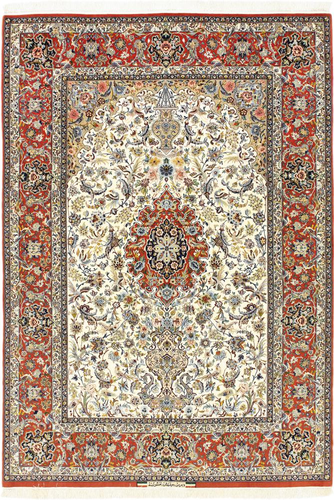 Tapete persa Isfahan Signed Fio de Seda 7'6"x5'3" 7'6"x5'3", Tapete persa Atado à mão