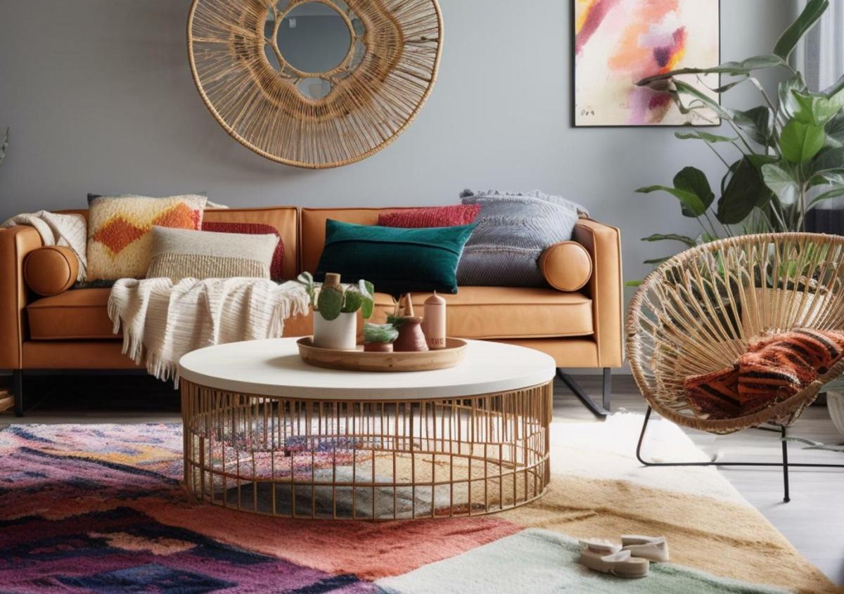 Salon moderne avec un tapis kilim pastel, un canapé en cuir et une décoration boho.