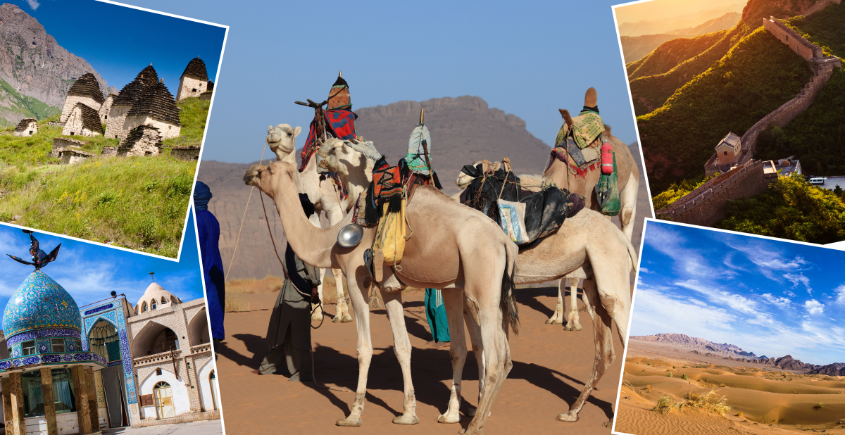 Tuareg-leder med karavane lastede kameler i Sahara