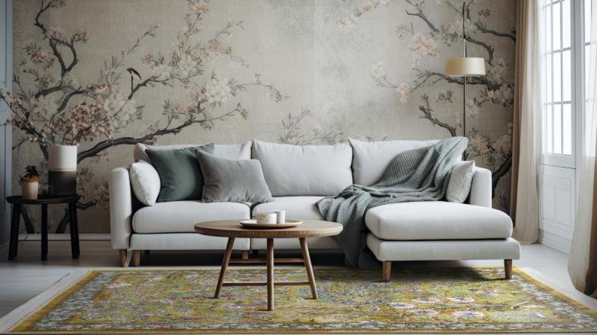 Salon lumineux avec décoration murale florale et tapis oriental vert de haute qualité.