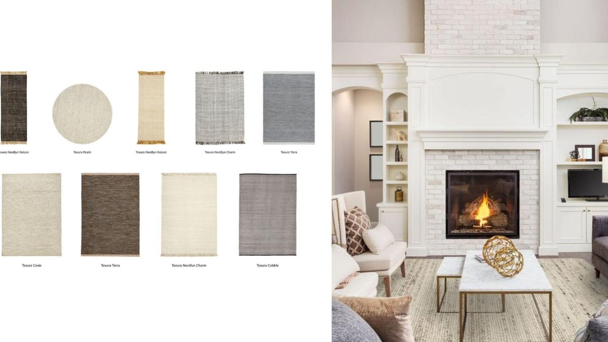 Texura tæppevarianter og stueindretning med lyst kaminmiljø