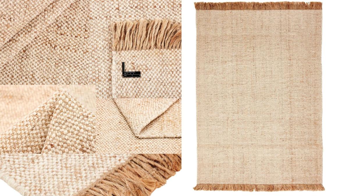 Detaljebillede af Texura Nordlyn Nature tæppet med grov struktur og frynser.