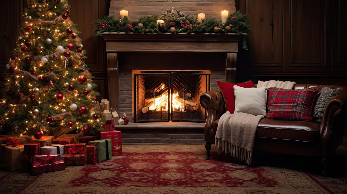 Kellemes karácsonyi jelenet díszített karácsonyfával és piros keleti szőnyeggel a nappaliban.