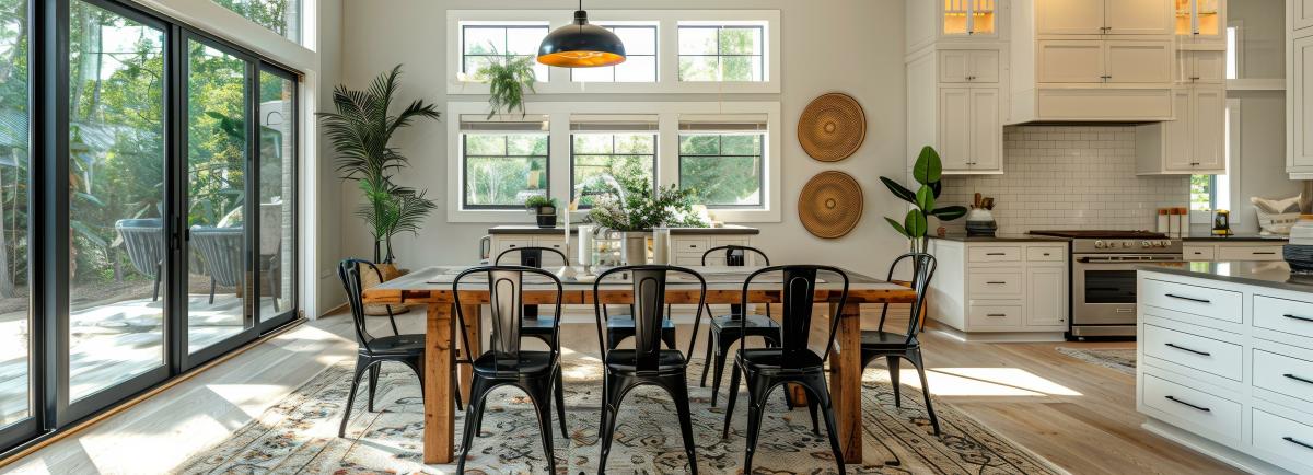 Designer orientteppe i naturfarver med grafisk mønster under massiv træbord.