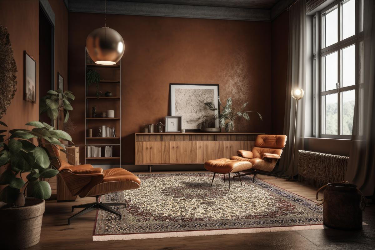 Stilfuld stue med mønstret orientalsk tæppe i beige-rød som centralt designelement.