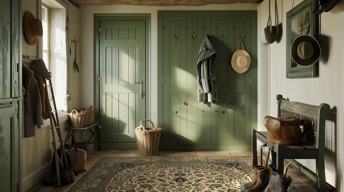Entrada em estilo de casa de campo com tapete oriental em cores suaves.