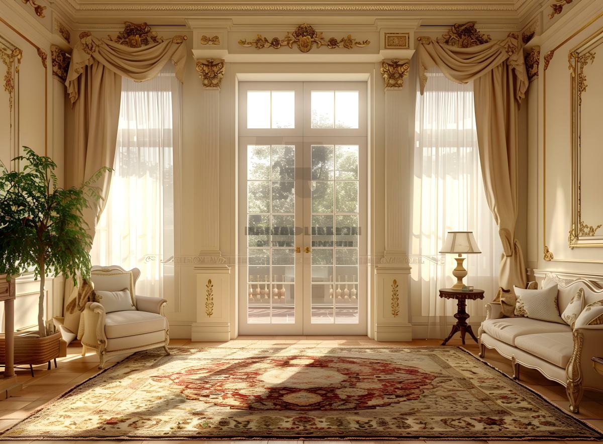 Sala clássica com grande tapete creme com padrão de medalhão vermelho.