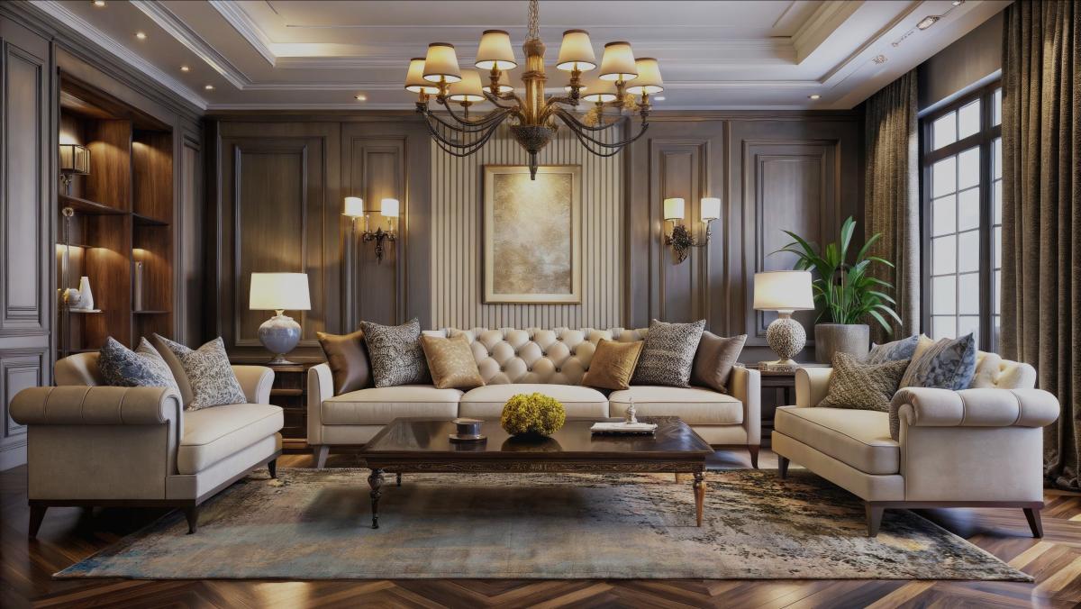 Espaço de estar elegante com móveis de veludo e tapete discretamente estampado em tons naturais.