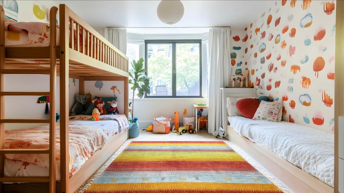 Farverigt børneværelse med persisk Gabbeh tæppe lavet af håndspundet uld.