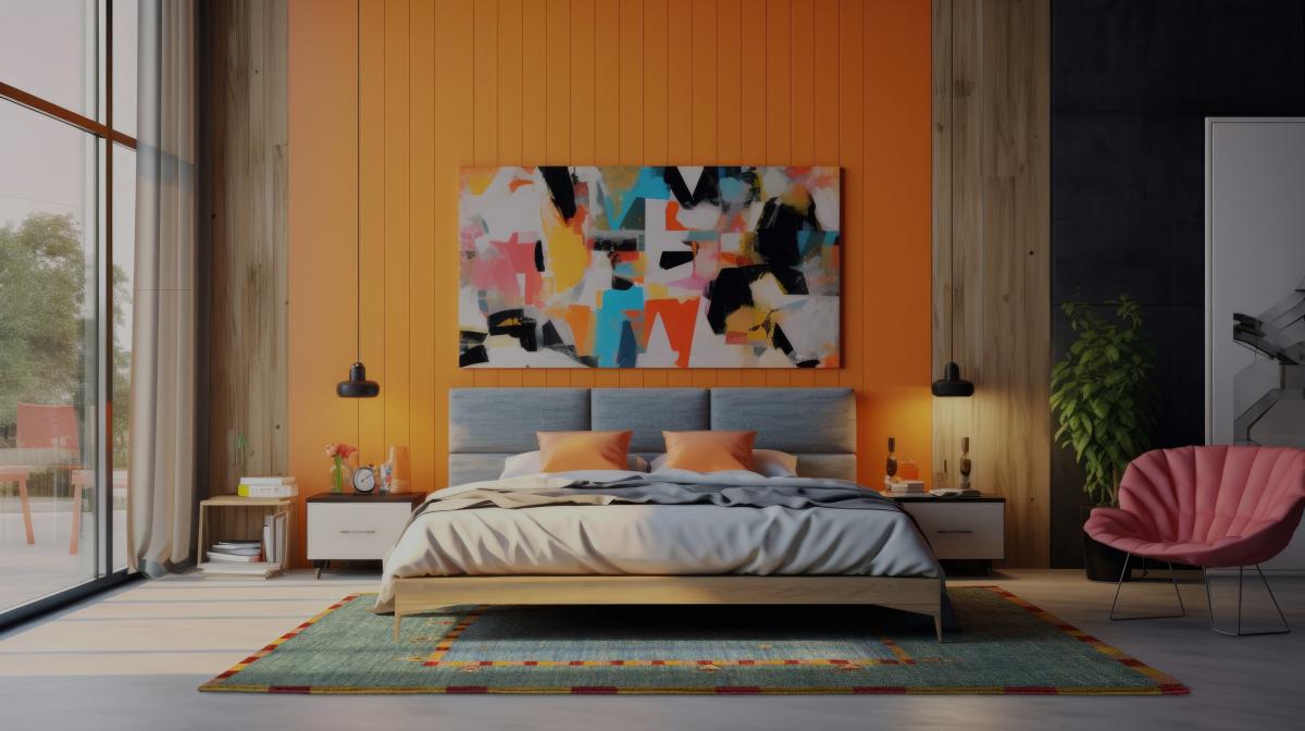 Moderne soveværelse med farverig multicolor-tæppe, abstrakt vægmaleri og gule accenter.