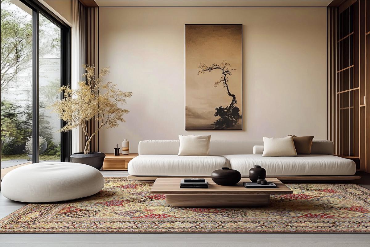 Kerman Ravar orientalsk tæppe med fint floralt mønster i et elegant, minimalistisk stue.