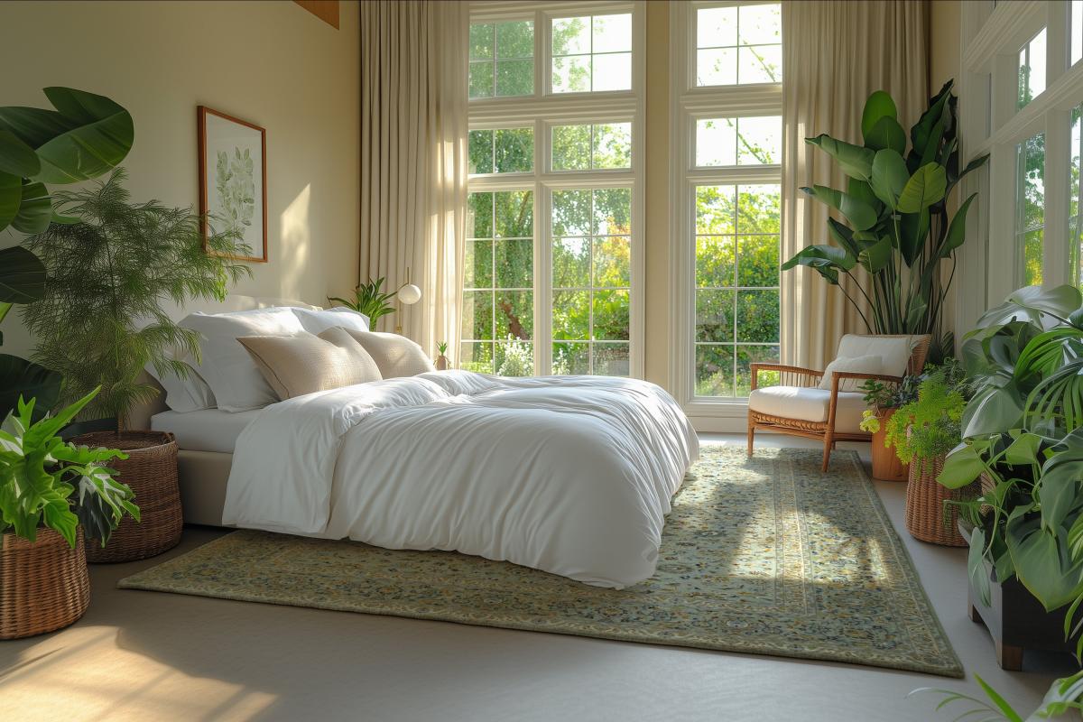 Quarto claro com tapete e plantas de interior.