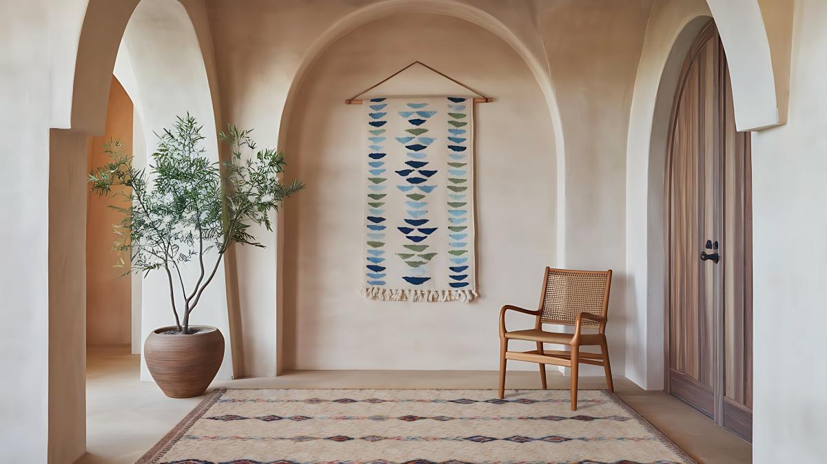 Heller medelhavsinspirerad hall med berbermarockanskt matta med diskret rhombmönster.