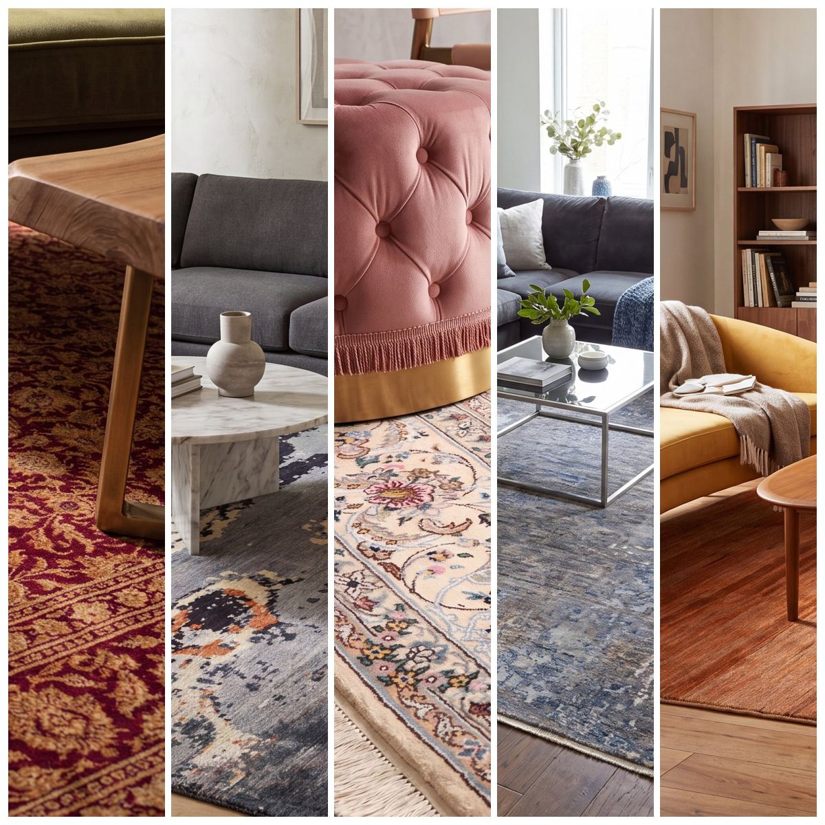 Collage of five images showing wood, marble, brass, glass and wool decorations in a velvet living ro