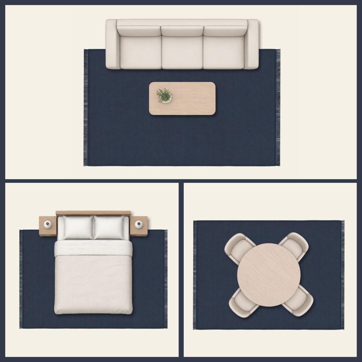 A collage showing the right rug sizes for living room, dining room and bedroom layouts