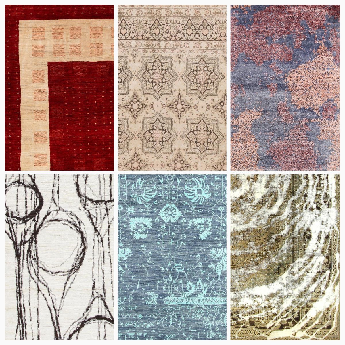 A collage of rug images featuring minimalist, geometric, abstract, organic, Scandi