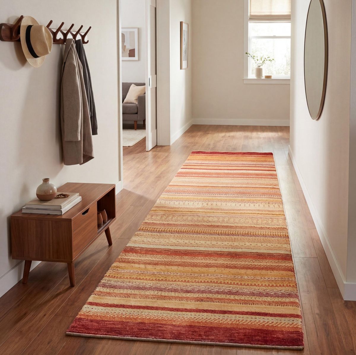 Moderner Läuferteppich, der entlang eines Flurs mit Holzboden und modernem Interieur verläuft.