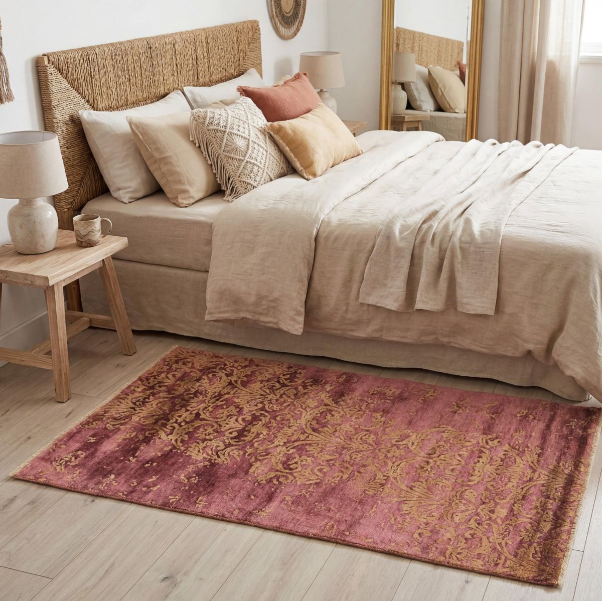 Quarto claro com tapete e plantas de interior.