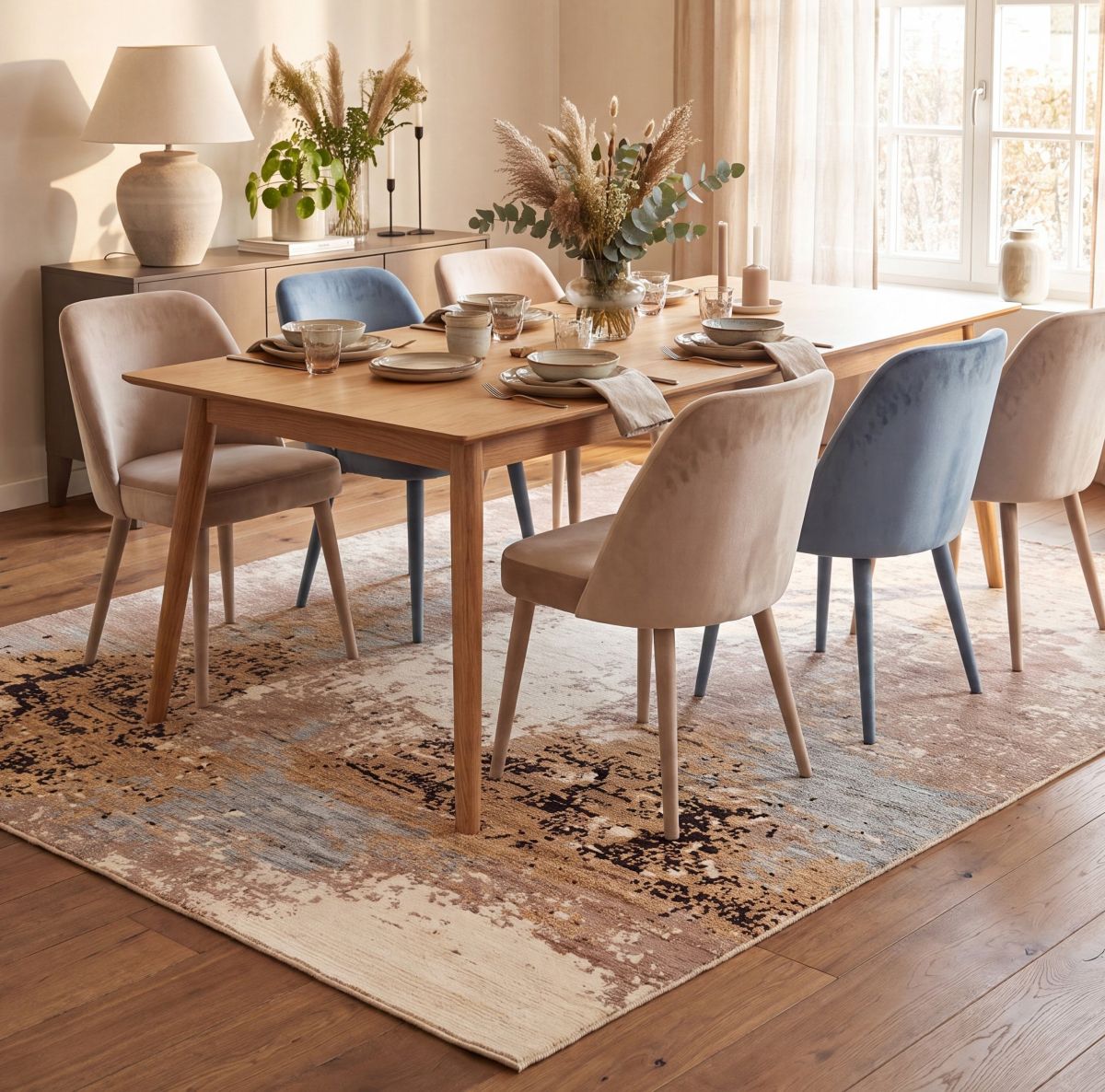 Abstract Berber rug in a modern dining room with velvet furniture.