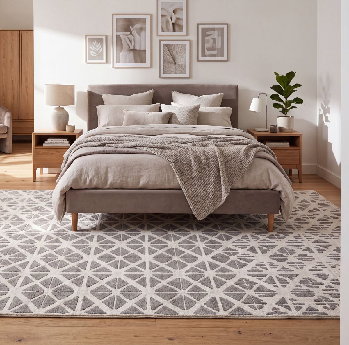 Modern designer rug in a bedroom with velvet furniture.