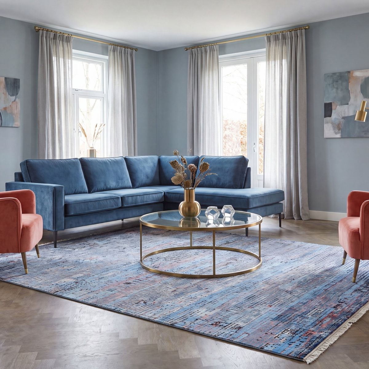 Modern blue designer Sadraa rug in a living room with velvet furniture.