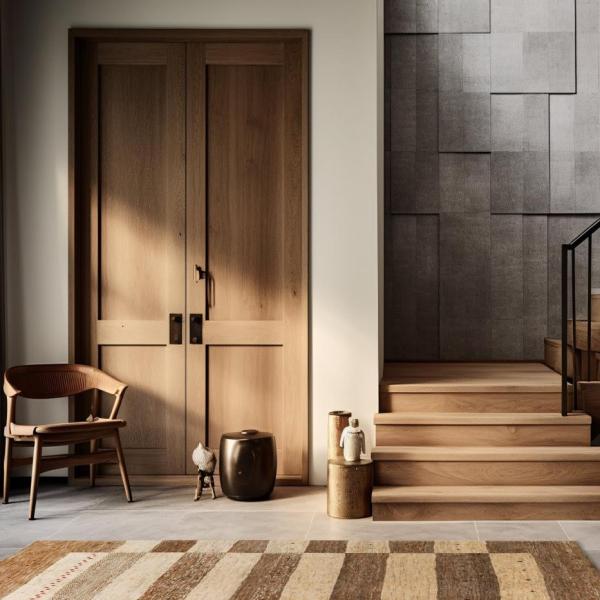 Entréområde med persisk Gabbeh Yalameh tæppe i beige- og brune nuancer på stenbelægning.