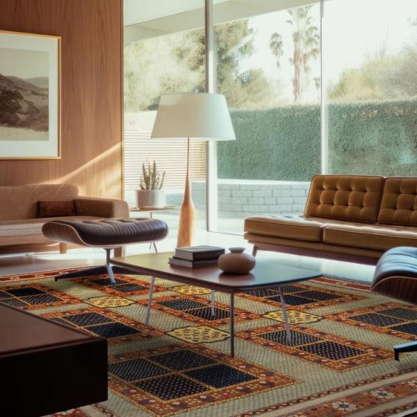 Klassisk-moderne bolig med persisk Loribaft tæppe i patchwork-look