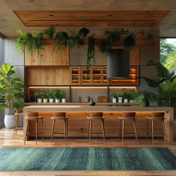 Køkken i trælook med et persisk Gabbeh Loribaft Atash tæppe