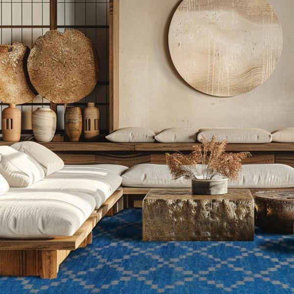 Middelhavsinspirerat vardagsrum med iögonfallande kungblå matta i rombdesign.