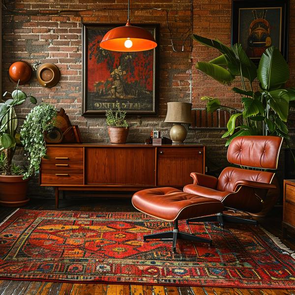 Kézzel csomózott vintage szőnyeg geometriai mintákkal rozsdabarna és fekete színben a retró nappalib