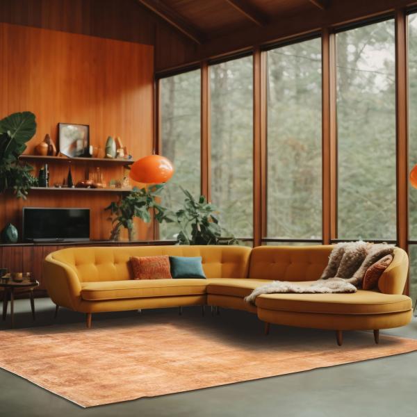 Retro stílusú nappali vintage királyi szőnyeggel terrakotta árnyalatokban