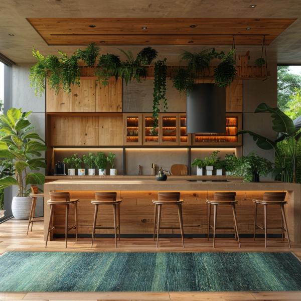 Grøn-blå tæppe i Gabbeh-stil i minimalistisk køkken med meget træ og planter.