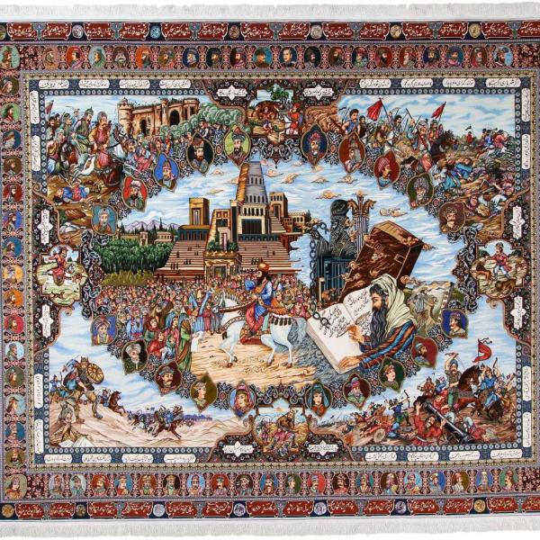 Tabriz tæppe med persisk miniaturescene og historisk motiv