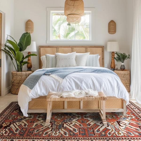 Hyggeligt soveværelse med håndknyttet Kazak tæppe i etnisk stil