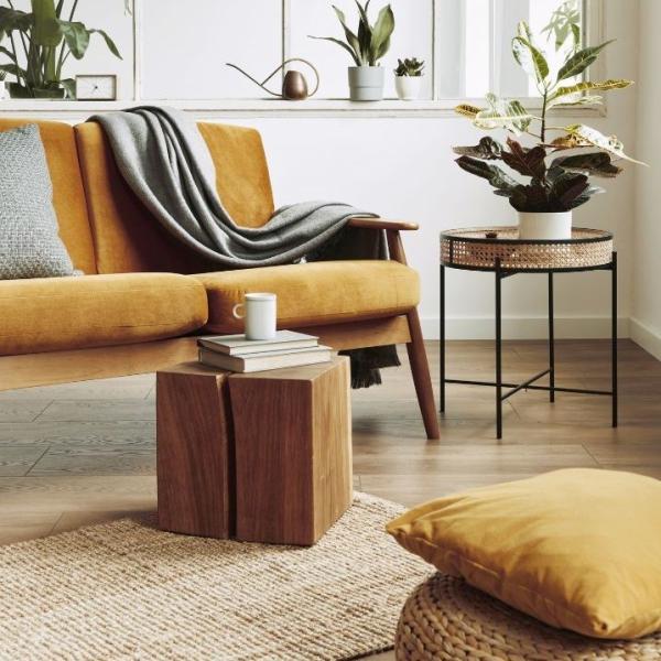 Stue med rundt jute-tæppe og trædekoration