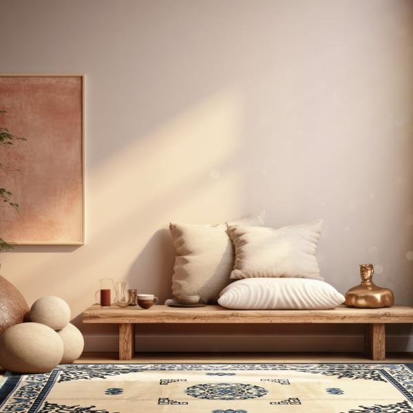 Antik Kina Peking tæppe i beige og blå foran minimalistisk træbænk med puder i et hel