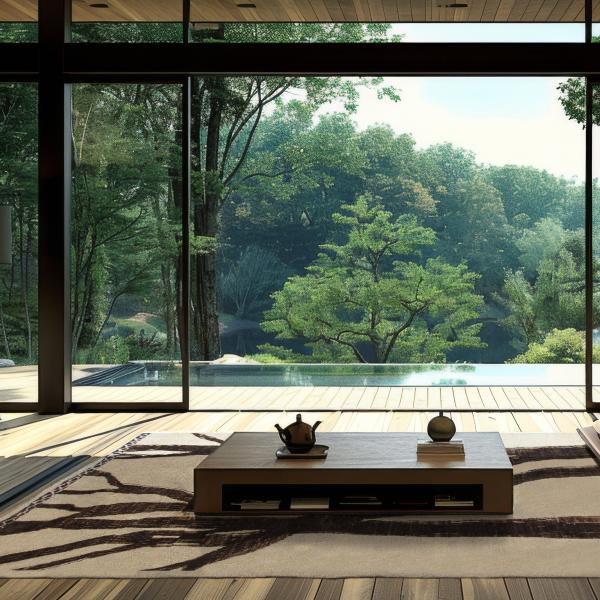 Sala de estar minimalista com vista para a natureza e tapete de designer.