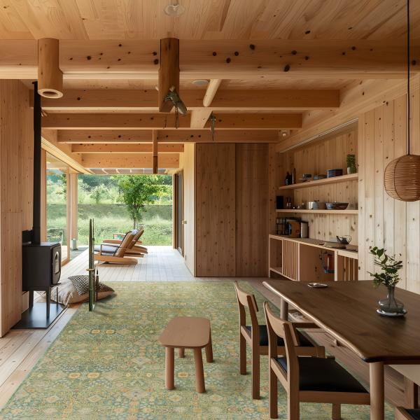 Åbent opholdsområde med fokus på håndknyttede Mamluk tæpper med typisk geometrisk mønster.