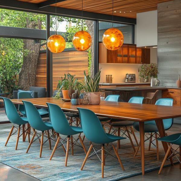 Moderne spisestue med stilfuld, kvalitets tæppe i blå nuancer