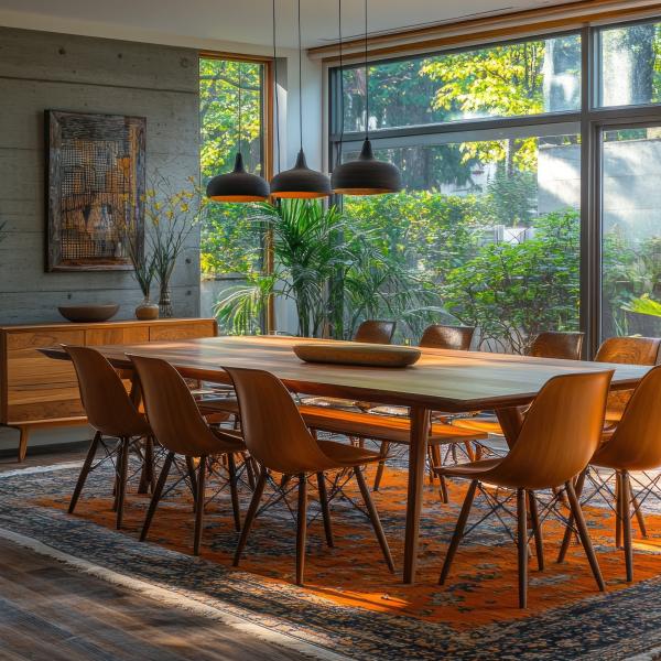 Orientalsk orange/blå tæppe i et hyggeligt spisestue