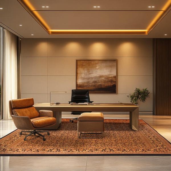 Moderne arbejdsrum med orientalsk tæppe i varme brune og kobberfarver.