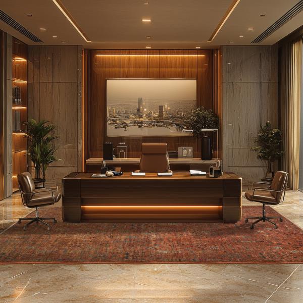 Luksuriøst indrettet kontor med ægte persisk tæppe i rød- og blåtoner