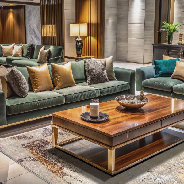 Sala de estar moderna com tapete de designer e interior luxuoso.