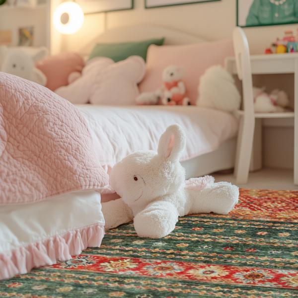 Nærbillede af et håndknyttet orientalsk tæppe med blomsterdesign ved siden af en børneseng.