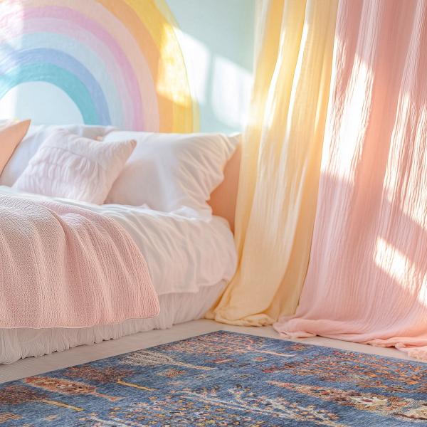 Blå børneværelses tæppe med originalt mønster foran barnesengen