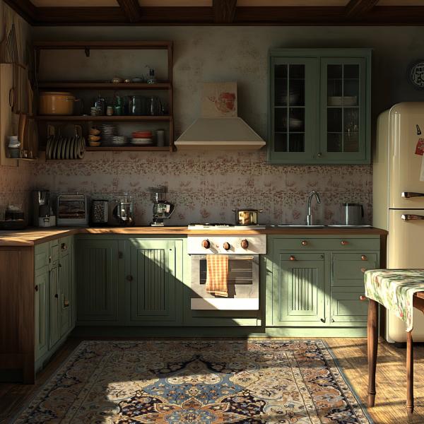 Tapete oriental com padrão de medalhão azul-bege na cozinha de estilo rústico.