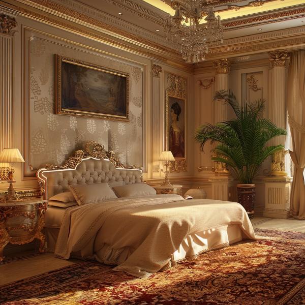 Quarto em estilo barroco com tapete oriental e requintadas decorações de parede.