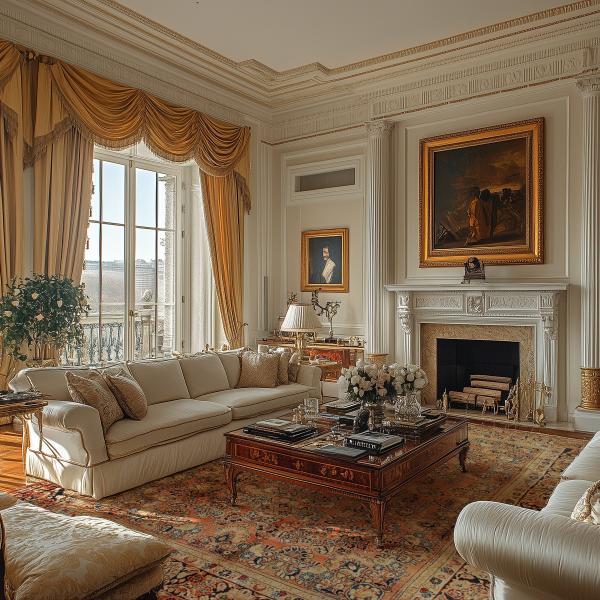 Eetkamer met moderne massiefhouten tafel op handgeknoopte tapijt in warme oranjetinten